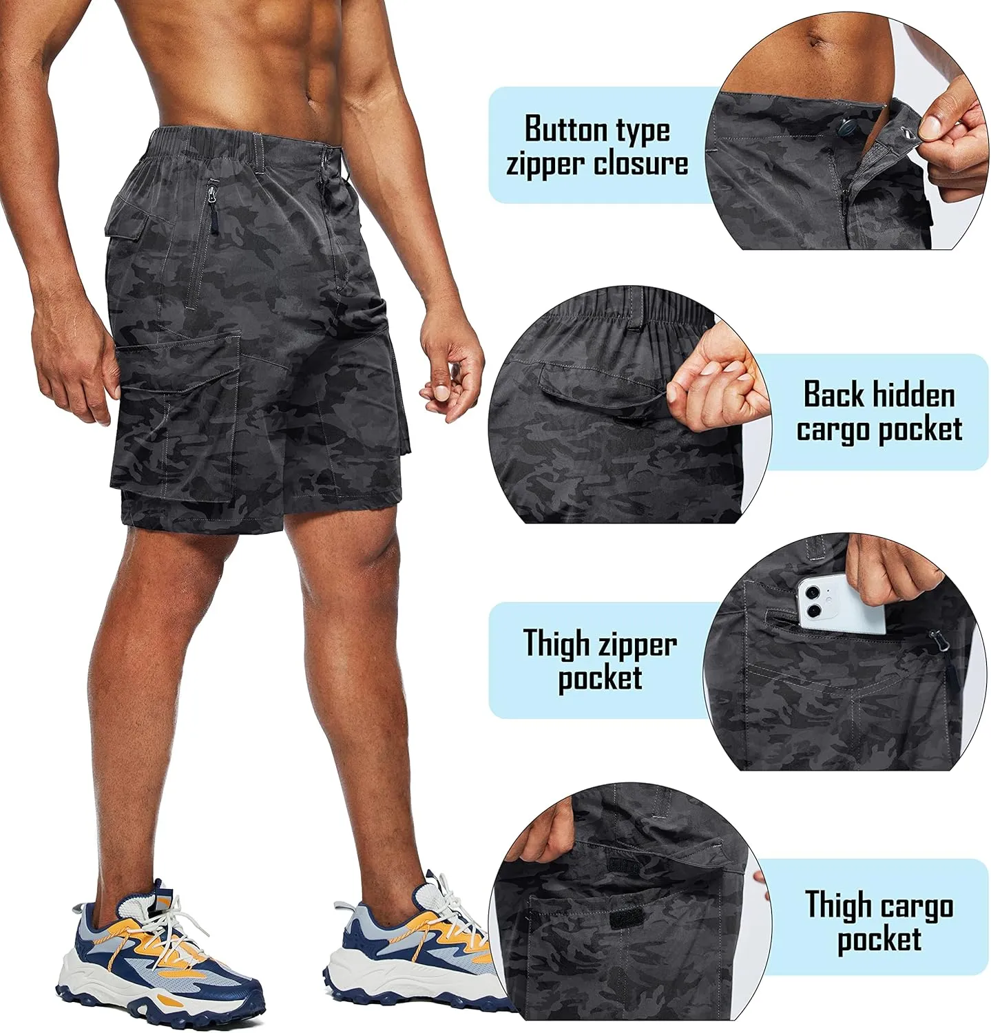 Pudolla Men's Hiking Cargo Shorts Quick Dry Outdoor Travel Shorts for Men with Multi Pocket for Fishing Camping Casual