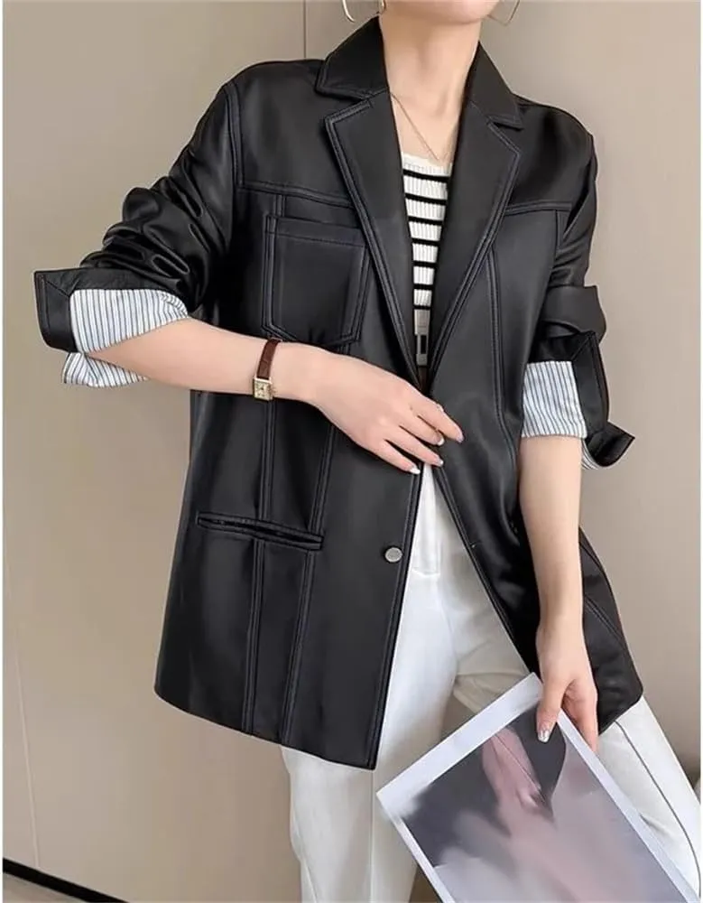 Pulcykp Women Boyfriend Leather Blazer Lapel Oversize Jackets Single Breasted Striped Cuffs Work Coats