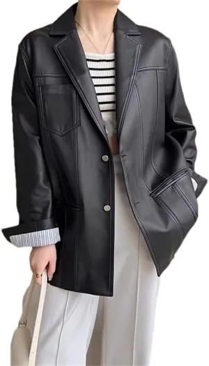 Pulcykp Women Boyfriend Leather Blazer Lapel Oversize Jackets Single Breasted Striped Cuffs Work Coats