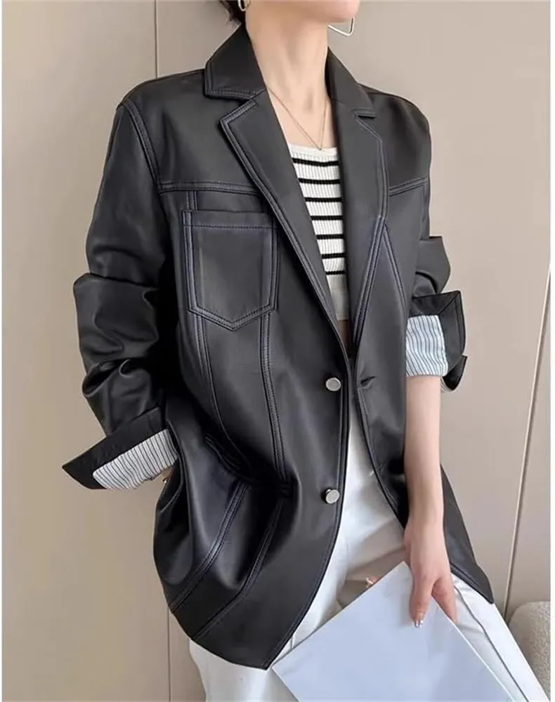 Pulcykp Women Boyfriend Leather Blazer Lapel Oversize Jackets Single Breasted Striped Cuffs Work Coats
