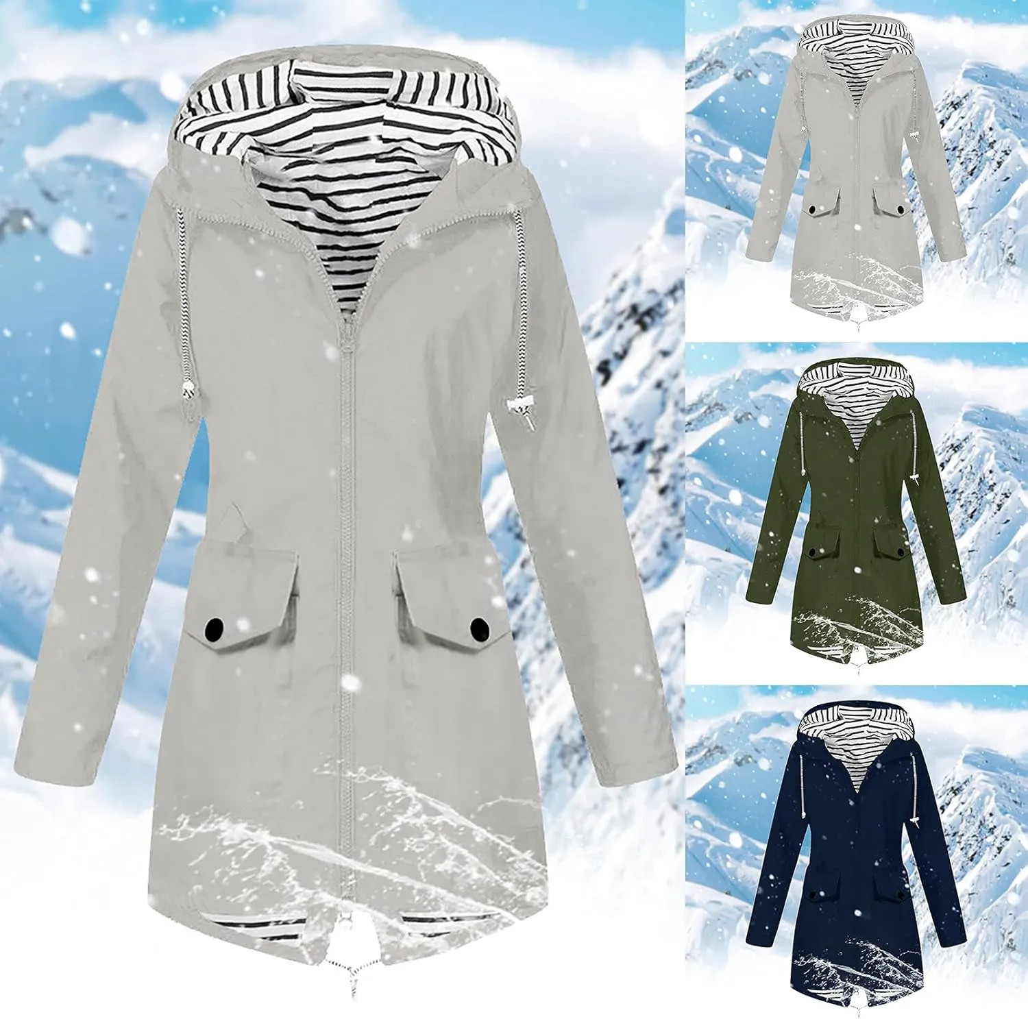 Rain Jacket Women Waterproof Long Hooded Rain Coats Striped Lined Trench Coats Hiking Travel Windbreaker 2024