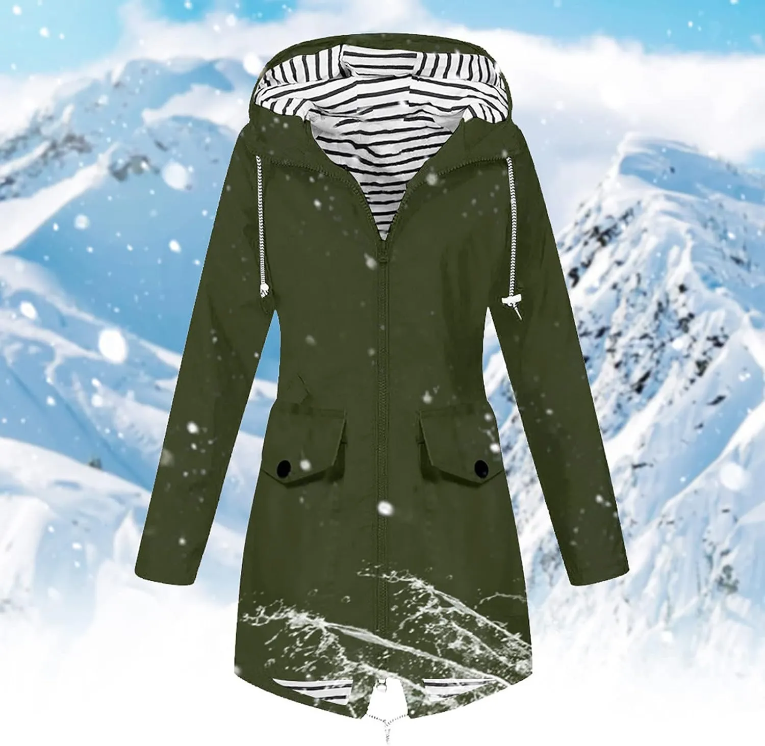 Rain Jacket Women Waterproof Long Hooded Rain Coats Striped Lined Trench Coats Hiking Travel Windbreaker 2024