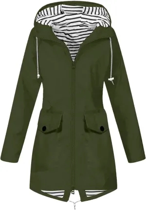 Rain Jacket Women Waterproof Long Hooded Rain Coats Striped Lined Trench Coats Hiking Travel Windbreaker 2024