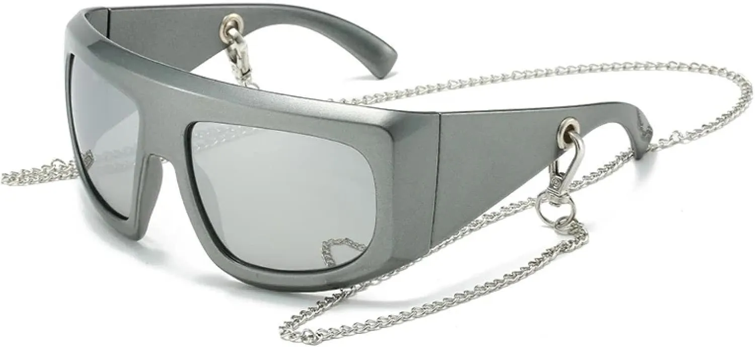 Retro Oversized Cat Eye Women Sunglasses Fashion Chain Decoration Shades Uv400 Men Trending Mirror
