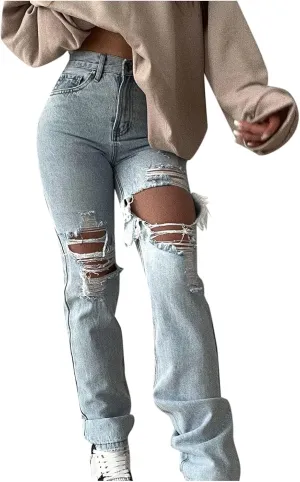 Ripped Jeans for Teen Girls Y2K Fashion Jeans for Women Button High Waist Pocket Elastic Hole Jeans Grunge Pants