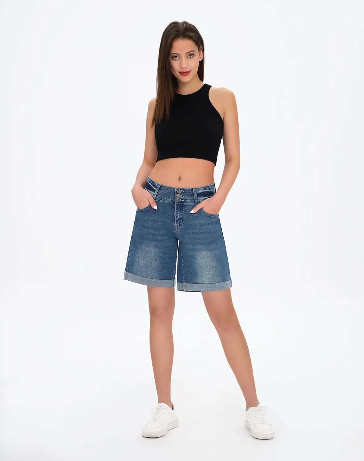 roswear Women's High Waisted Stretchy Wide Leg Denim Shorts Casual Summer Cuffed Long Jean Shorts