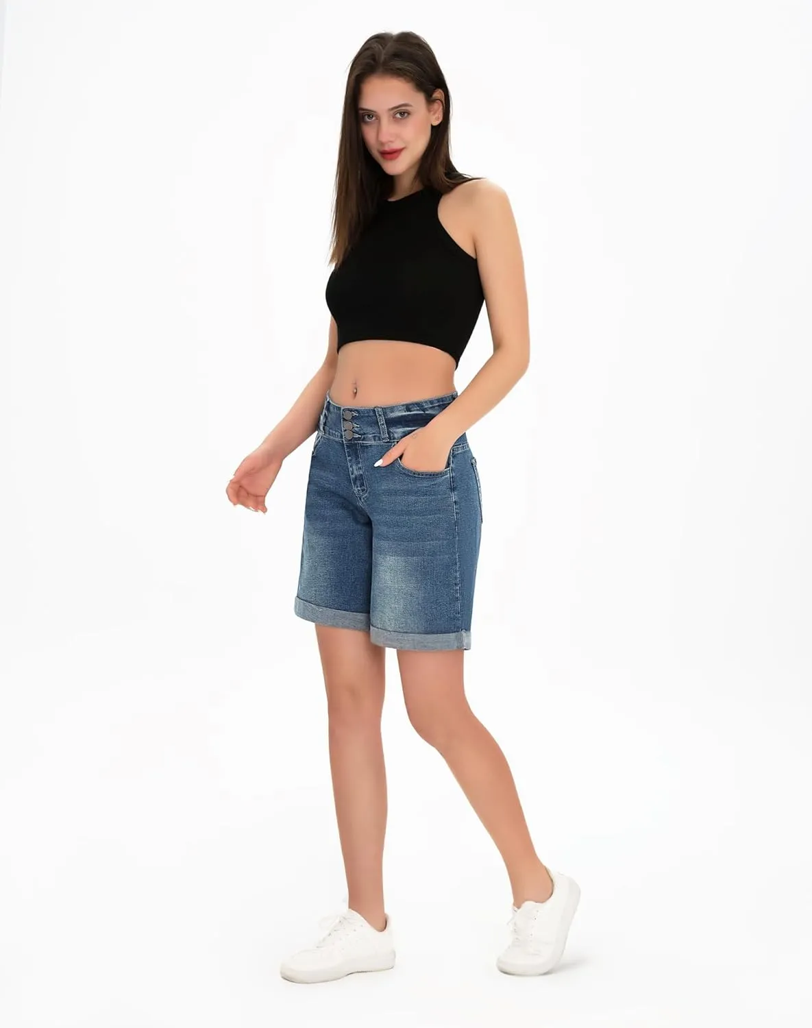 roswear Women's High Waisted Stretchy Wide Leg Denim Shorts Casual Summer Cuffed Long Jean Shorts