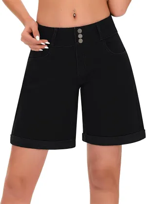 roswear Women's High Waisted Stretchy Wide Leg Denim Shorts Casual Summer Cuffed Long Jean Shorts