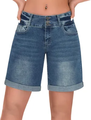 roswear Women's High Waisted Stretchy Wide Leg Denim Shorts Casual Summer Cuffed Long Jean Shorts
