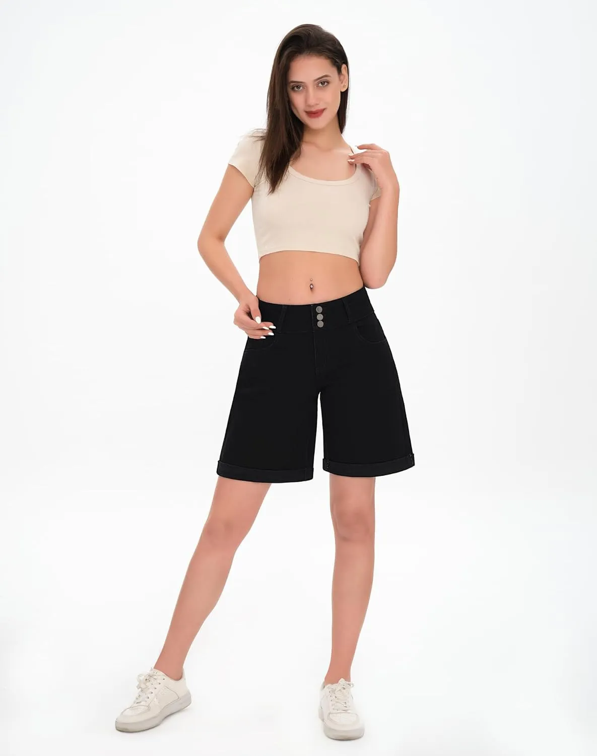 roswear Women's High Waisted Stretchy Wide Leg Denim Shorts Casual Summer Cuffed Long Jean Shorts