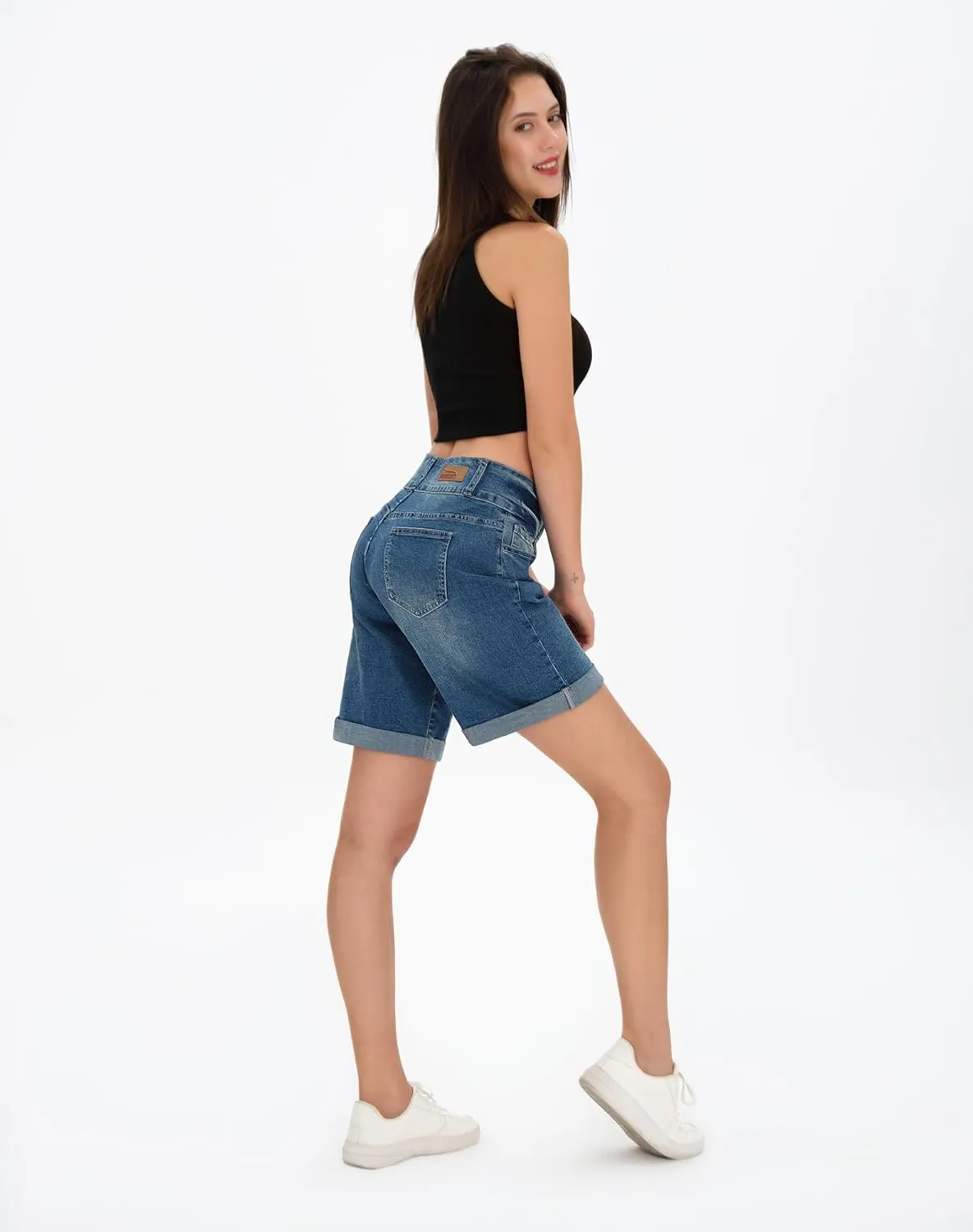 roswear Women's High Waisted Stretchy Wide Leg Denim Shorts Casual Summer Cuffed Long Jean Shorts