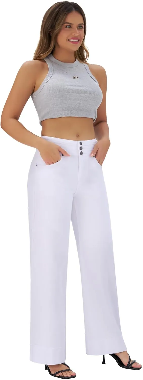 roswear Women's High Waisted Stretchy Wide Leg Jeans Cuffed Baggy Jeans Loose Denim Pants