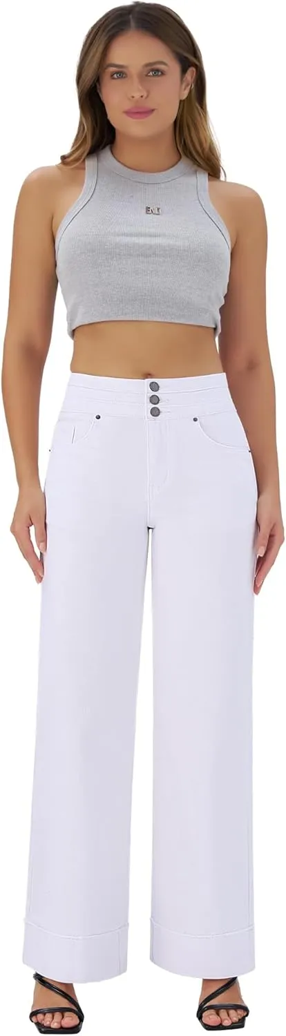 roswear Women's High Waisted Stretchy Wide Leg Jeans Cuffed Baggy Jeans Loose Denim Pants
