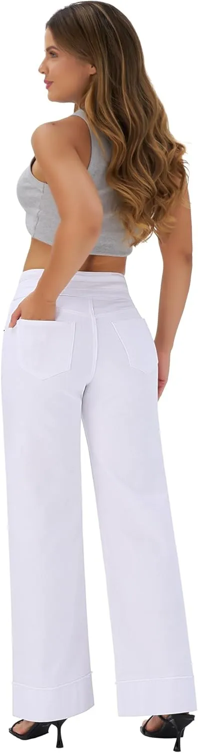 roswear Women's High Waisted Stretchy Wide Leg Jeans Cuffed Baggy Jeans Loose Denim Pants