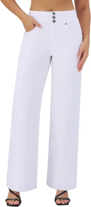 roswear Women's High Waisted Stretchy Wide Leg Jeans Cuffed Baggy Jeans Loose Denim Pants