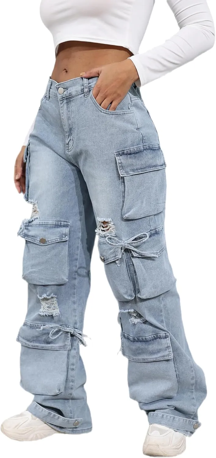 Ryehack Women’s Baggy Jeans Y2k Cargo Jeans Casual High Waist Baggy Denim Cargo Pants with Pockets Streetwear