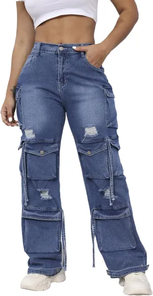 Ryehack Women’s Baggy Jeans Y2k Cargo Jeans Casual High Waist Baggy Denim Cargo Pants with Pockets Streetwear
