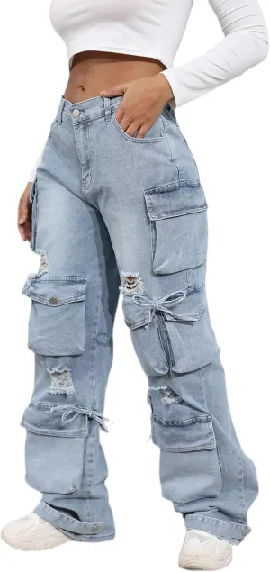 Ryehack Women’s Baggy Jeans Y2k Cargo Jeans Casual High Waist Baggy Denim Cargo Pants with Pockets Streetwear