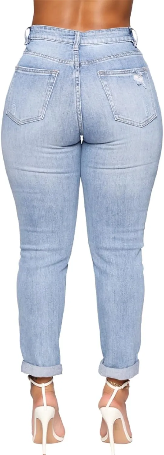 SheKiss Boyfriend Stretchy Jeans for Women - Distressed Frayed High Waisted Trendy Denim Blue Jeans