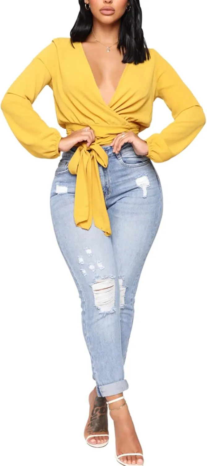 SheKiss Boyfriend Stretchy Jeans for Women - Distressed Frayed High Waisted Trendy Denim Blue Jeans