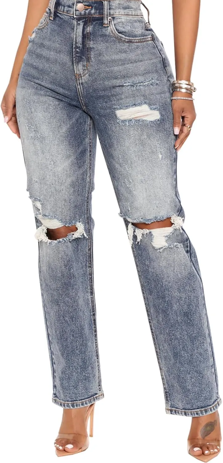 SheKiss Boyfriend Stretchy Jeans for Women - Distressed Frayed High Waisted Trendy Denim Blue Jeans