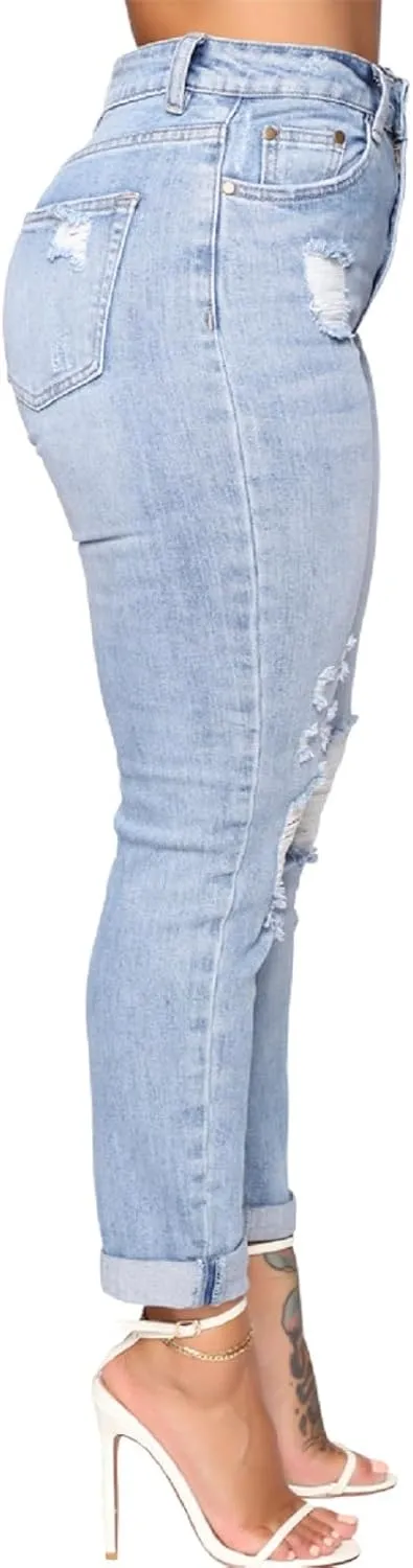 SheKiss Boyfriend Stretchy Jeans for Women - Distressed Frayed High Waisted Trendy Denim Blue Jeans