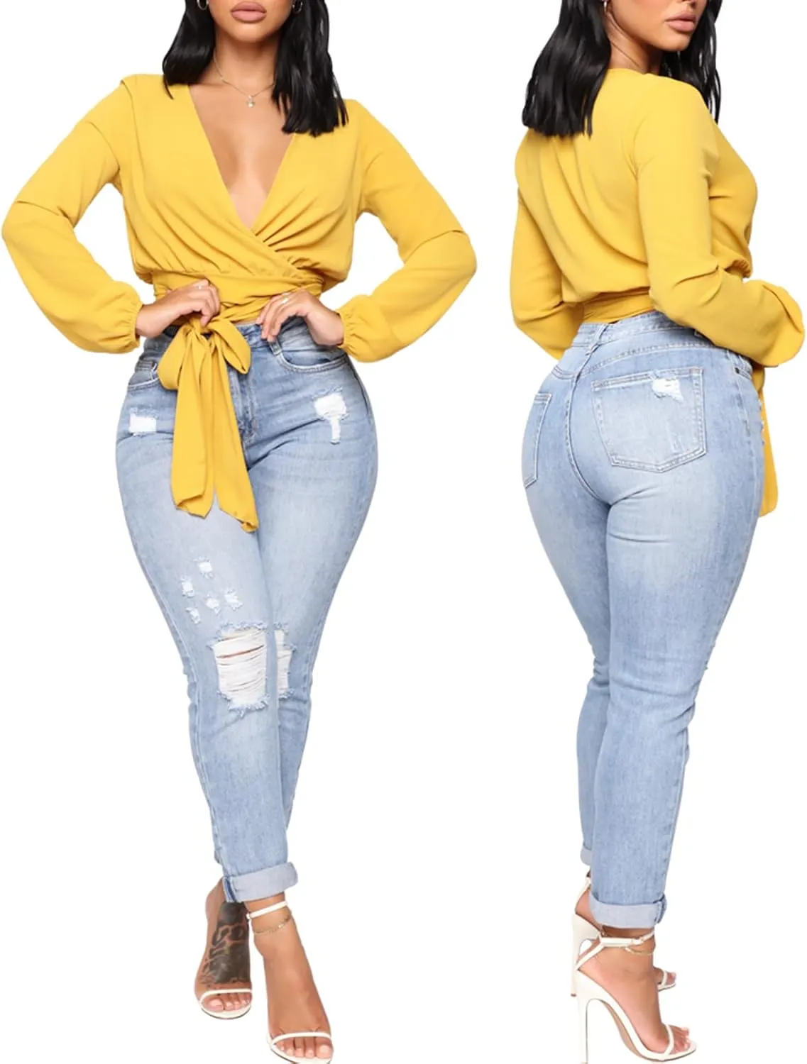 SheKiss Boyfriend Stretchy Jeans for Women - Distressed Frayed High Waisted Trendy Denim Blue Jeans