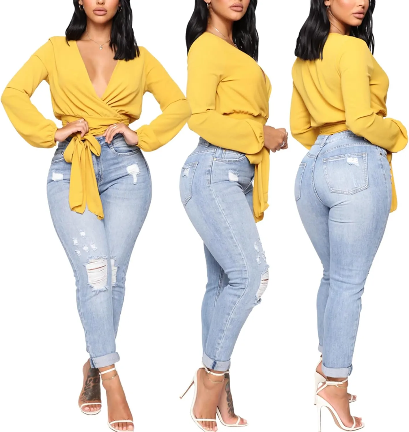 SheKiss Boyfriend Stretchy Jeans for Women - Distressed Frayed High Waisted Trendy Denim Blue Jeans