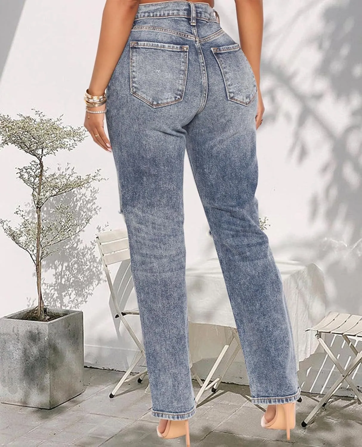 SheKiss Boyfriend Stretchy Jeans for Women - Distressed Frayed High Waisted Trendy Denim Blue Jeans