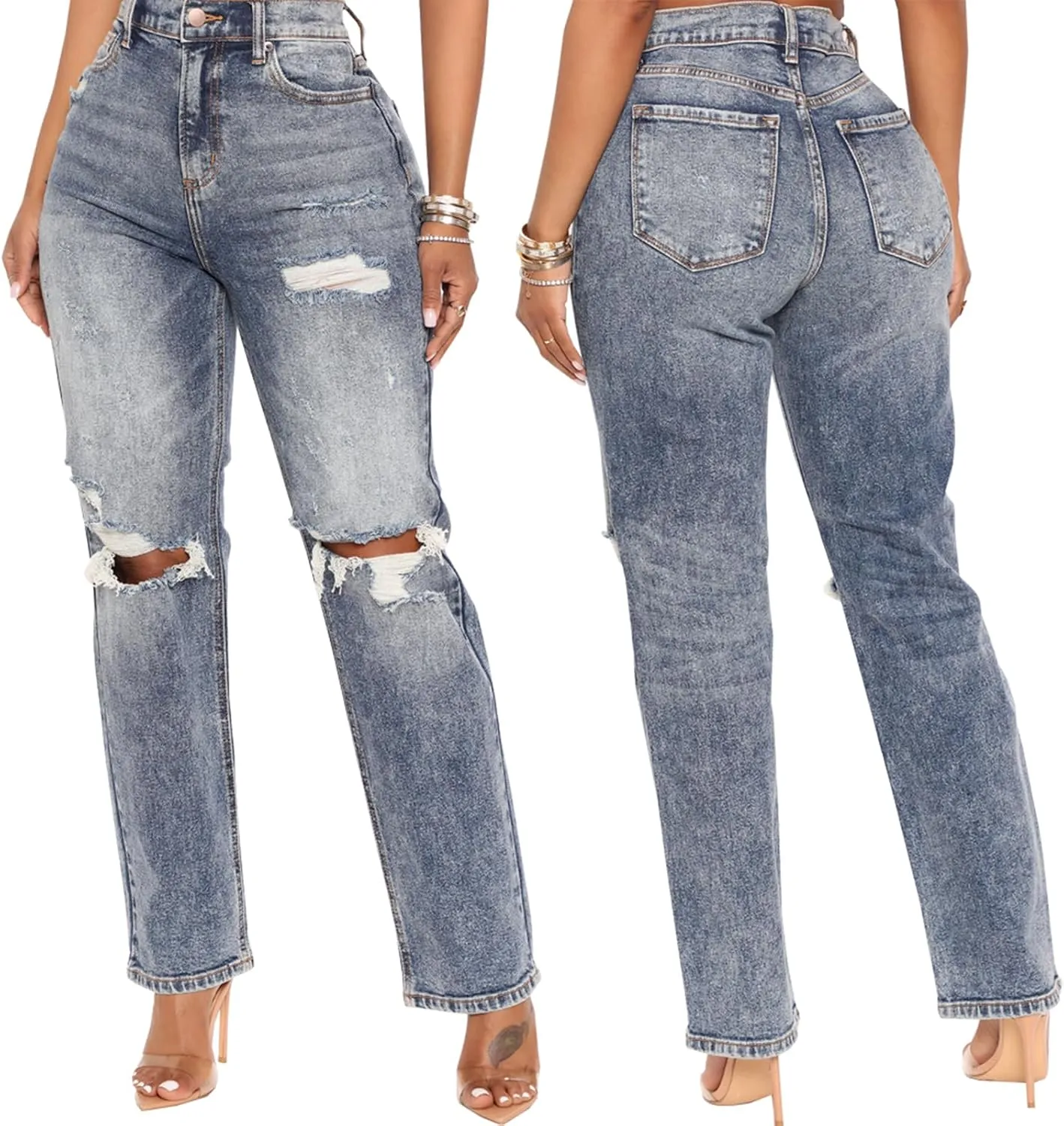 SheKiss Boyfriend Stretchy Jeans for Women - Distressed Frayed High Waisted Trendy Denim Blue Jeans
