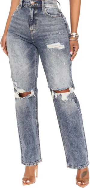 SheKiss Boyfriend Stretchy Jeans for Women - Distressed Frayed High Waisted Trendy Denim Blue Jeans