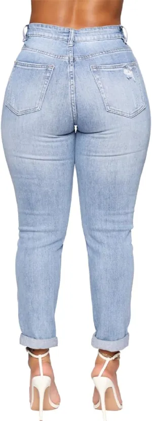 SheKiss Boyfriend Stretchy Jeans for Women - Distressed Frayed High Waisted Trendy Denim Blue Jeans