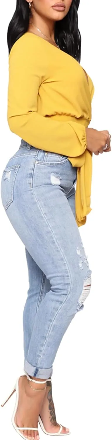 SheKiss Boyfriend Stretchy Jeans for Women - Distressed Frayed High Waisted Trendy Denim Blue Jeans