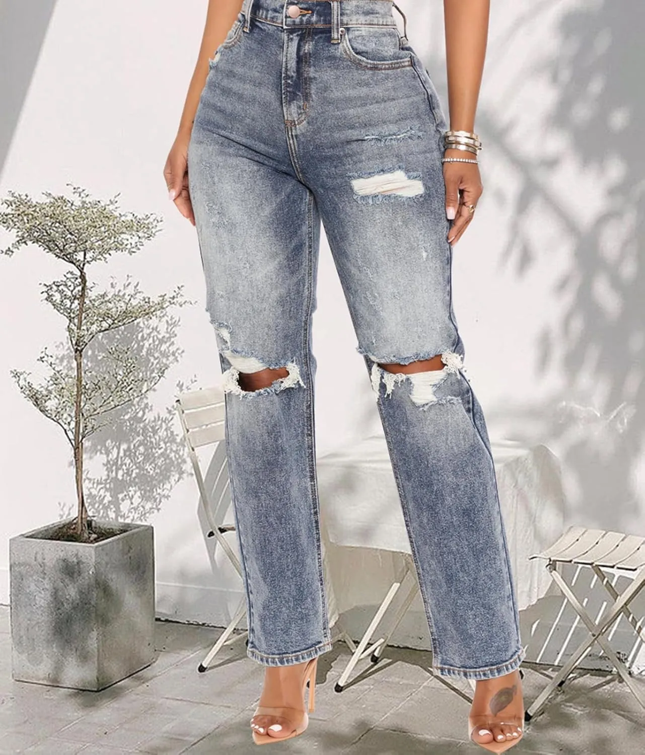 SheKiss Boyfriend Stretchy Jeans for Women - Distressed Frayed High Waisted Trendy Denim Blue Jeans
