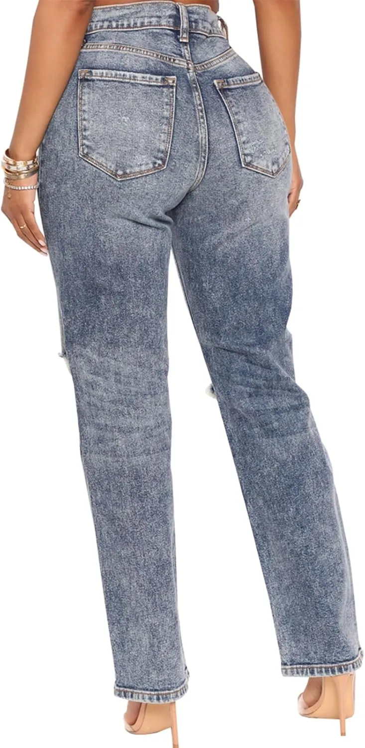SheKiss Boyfriend Stretchy Jeans for Women - Distressed Frayed High Waisted Trendy Denim Blue Jeans