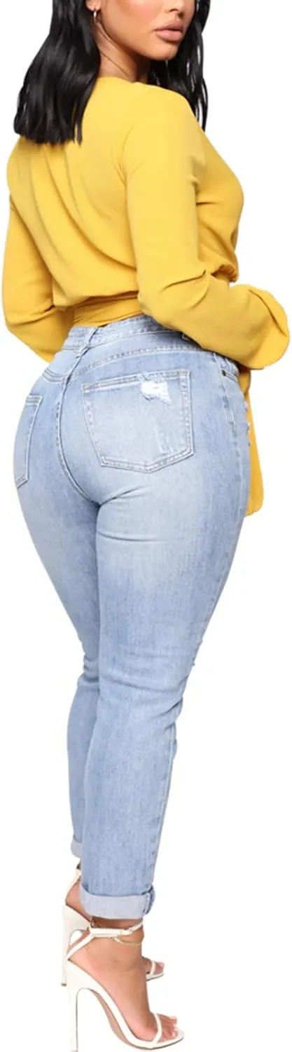 SheKiss Boyfriend Stretchy Jeans for Women - Distressed Frayed High Waisted Trendy Denim Blue Jeans