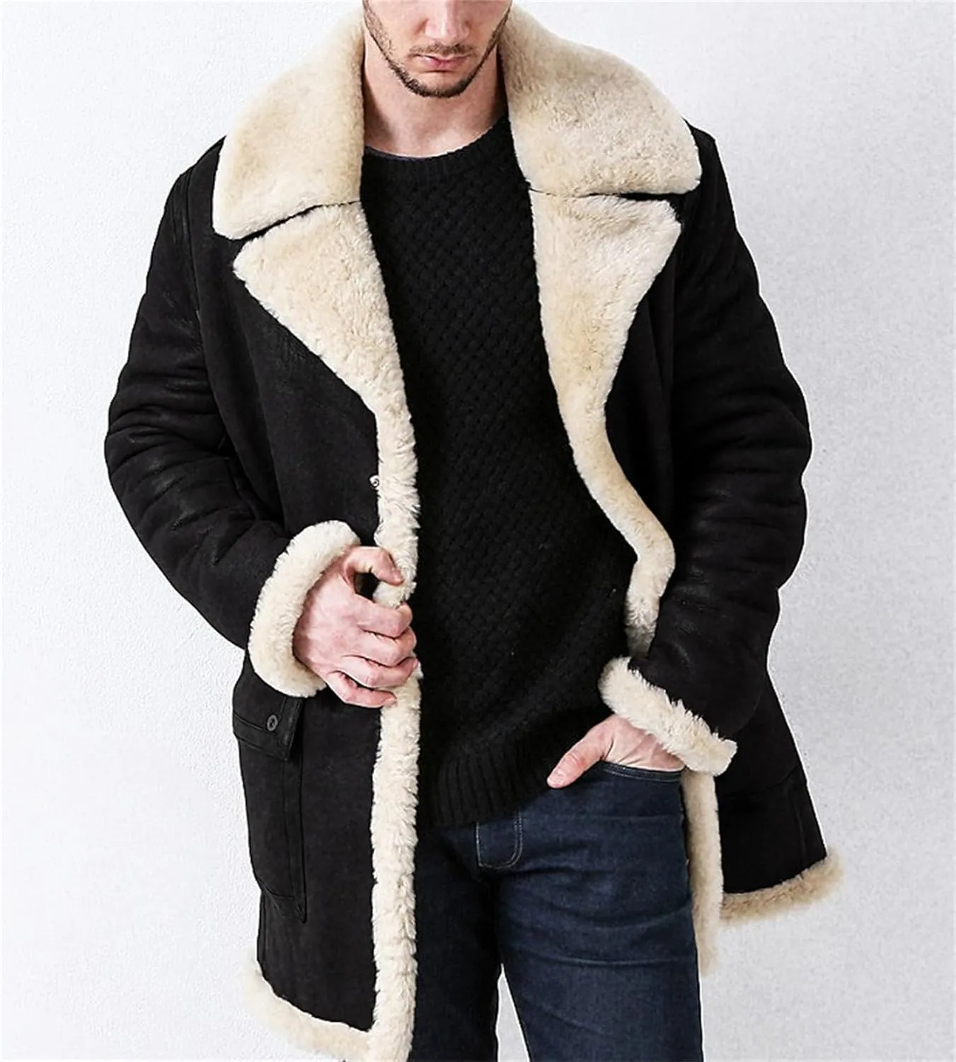 Sherpa Lined Jacket Men Suede Shearling Coat Faux Fur Leather Coats Sheepskin Thick Winter Coat Fur Collar Jacket