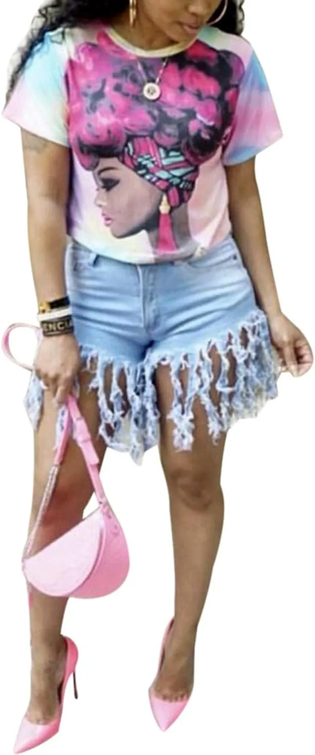 SIAEAMRG Women's Juniors Denim Shorts, High Waisted Frayed Raw Hem Tassels Short Pants Jeans