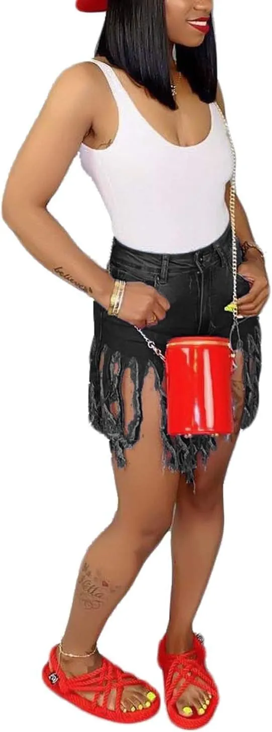 SIAEAMRG Women's Juniors Denim Shorts, High Waisted Frayed Raw Hem Tassels Short Pants Jeans