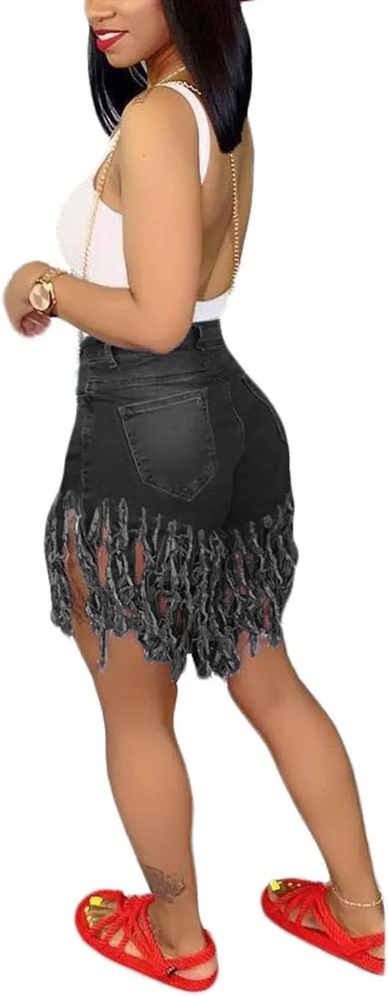 SIAEAMRG Women's Juniors Denim Shorts, High Waisted Frayed Raw Hem Tassels Short Pants Jeans