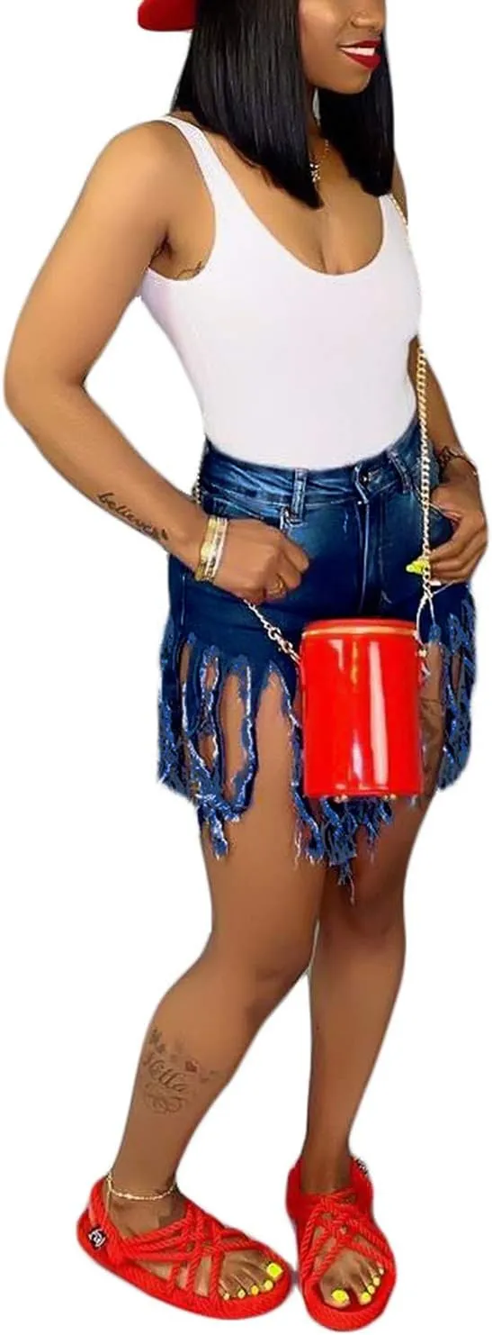 SIAEAMRG Women's Juniors Denim Shorts, High Waisted Frayed Raw Hem Tassels Short Pants Jeans