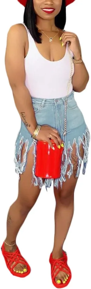 SIAEAMRG Women's Juniors Denim Shorts, High Waisted Frayed Raw Hem Tassels Short Pants Jeans