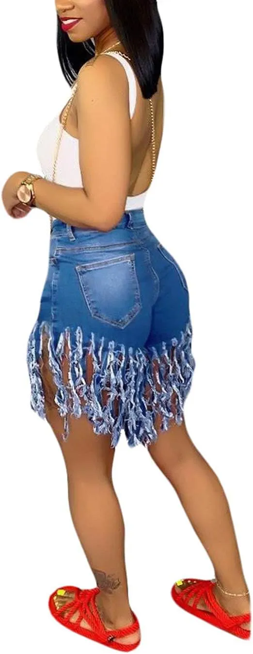 SIAEAMRG Women's Juniors Denim Shorts, High Waisted Frayed Raw Hem Tassels Short Pants Jeans