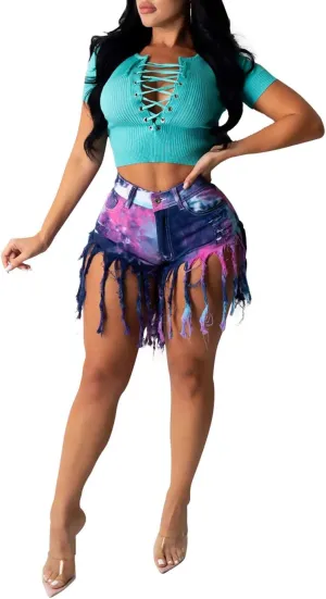 SIAEAMRG Women's Juniors Denim Shorts, High Waisted Frayed Raw Hem Tassels Short Pants Jeans