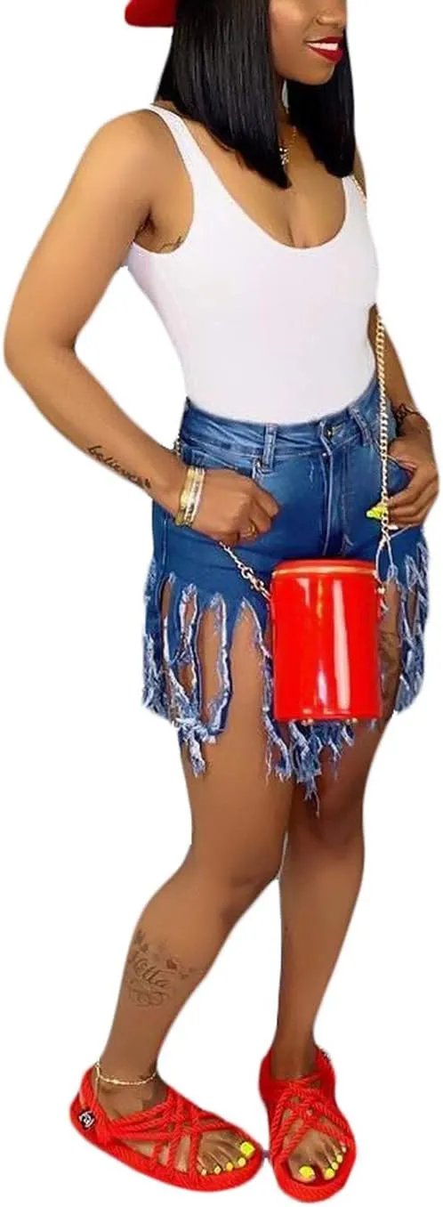 SIAEAMRG Women's Juniors Denim Shorts, High Waisted Frayed Raw Hem Tassels Short Pants Jeans