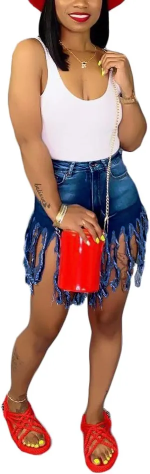 SIAEAMRG Women's Juniors Denim Shorts, High Waisted Frayed Raw Hem Tassels Short Pants Jeans