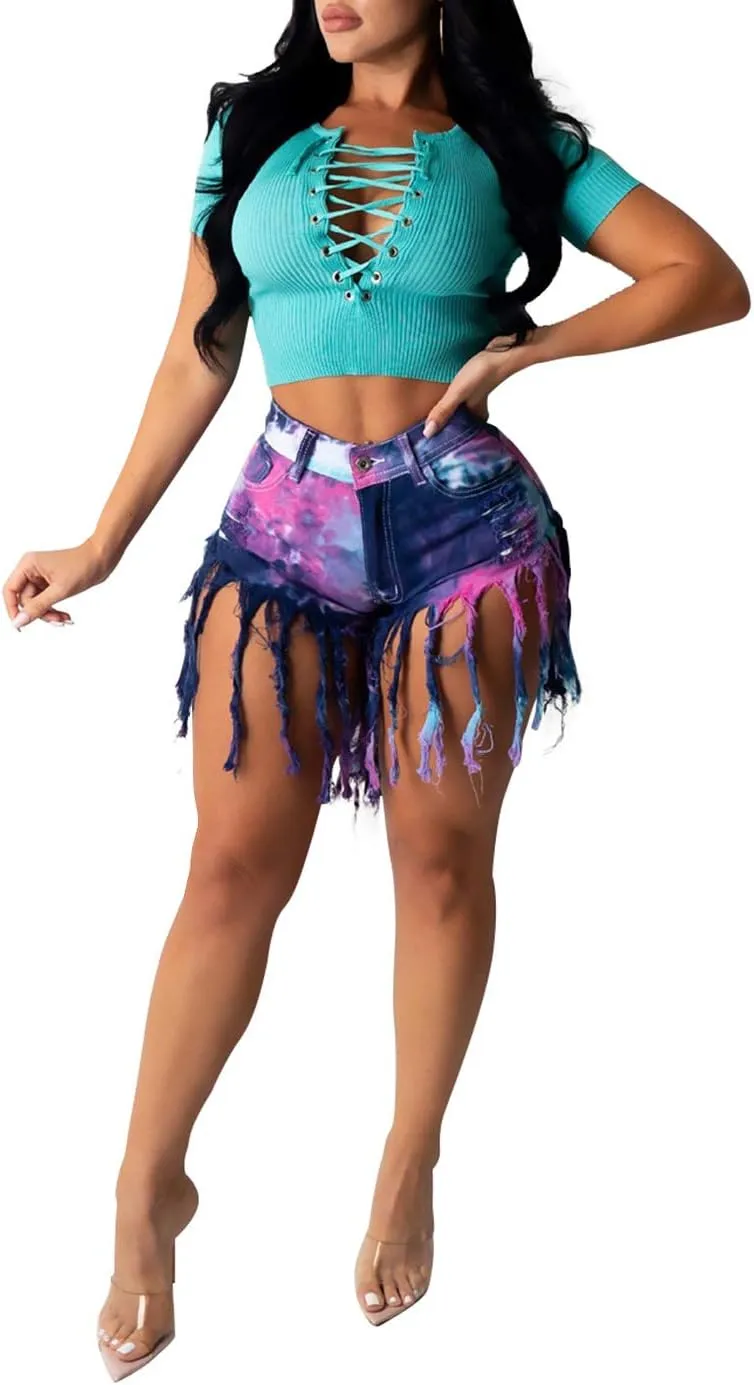 SIAEAMRG Women's Juniors Denim Shorts, High Waisted Frayed Raw Hem Tassels Short Pants Jeans