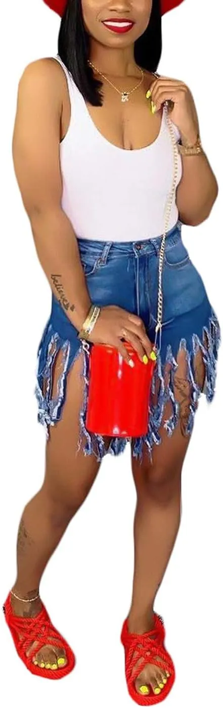 SIAEAMRG Women's Juniors Denim Shorts, High Waisted Frayed Raw Hem Tassels Short Pants Jeans