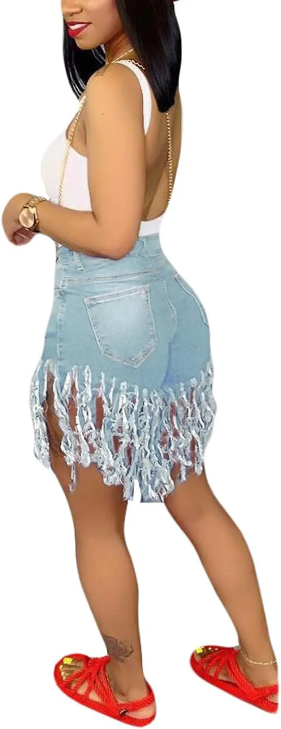 SIAEAMRG Women's Juniors Denim Shorts, High Waisted Frayed Raw Hem Tassels Short Pants Jeans