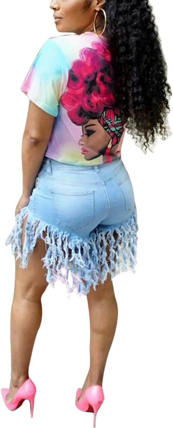 SIAEAMRG Women's Juniors Denim Shorts, High Waisted Frayed Raw Hem Tassels Short Pants Jeans